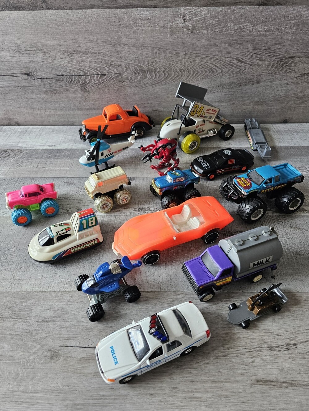 Lot of 16 Vintage Toy Cars & Trucks Vehicles 1990s Monster Truck Milk Police